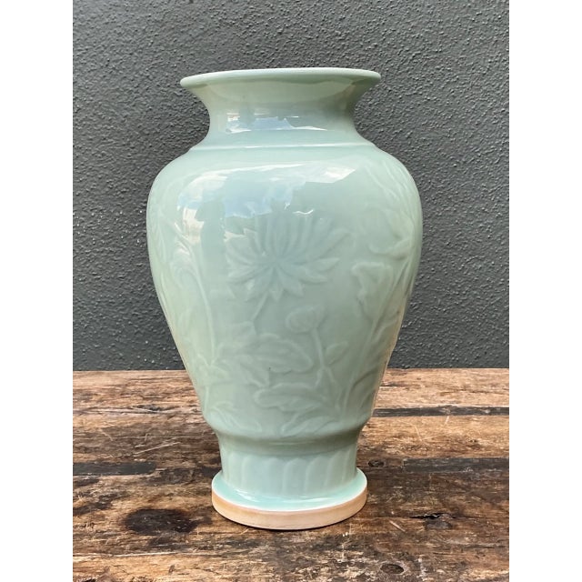 Vintage Celadon Floral Relief Ceramic Vase For Sale - Image 9 of 12