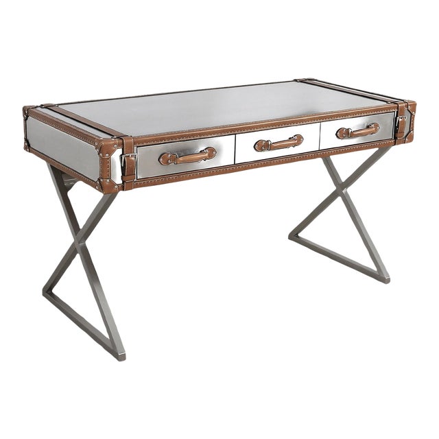 Pasargad Home Brookline Stainless Steel With Leather Desk, Brown For Sale