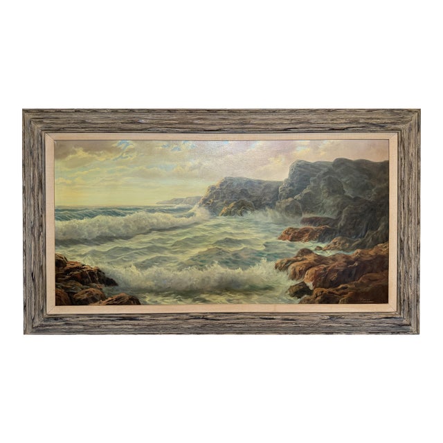 Large Vintage Coastal Seascape Oil Painting Signed Pierro Ocean Waves Framed For Sale