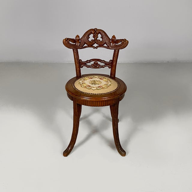 Italian 19th century style chair in wood and embroidered fabric, 1930s Chair with a round seat, padded and upholstered in...