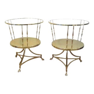 1960s Italian 2 Tier Round Brass and Glass Side Tables With Hoof Feet a Pair For Sale