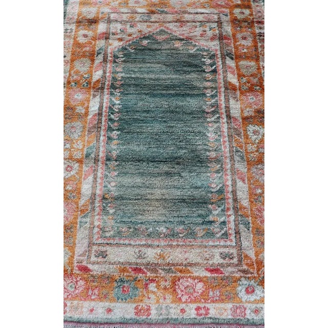 Antique Angora Oushak Rug With Solid Background in Teal, Blue, Orange Colors 3'2 X 5'4. For Sale In Atlanta - Image 6 of 11