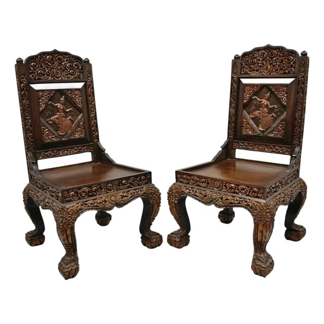 Vintage Chinoiserie Thai Oriental Carved Teak Wood Dining Side Chairs - A Pair For Sale