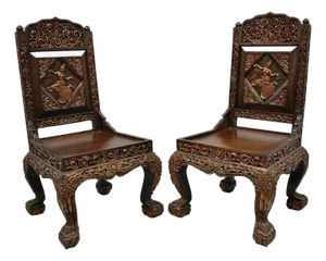 Vintage Chinoiserie Thai Oriental Carved Teak Wood Dining Side Chairs - A Pair