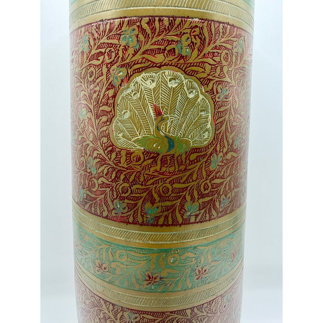 Metal Vintage Indian Brass Peacock Vase, Etched Enamel Floral Vessel For Sale - Image 7 of 7