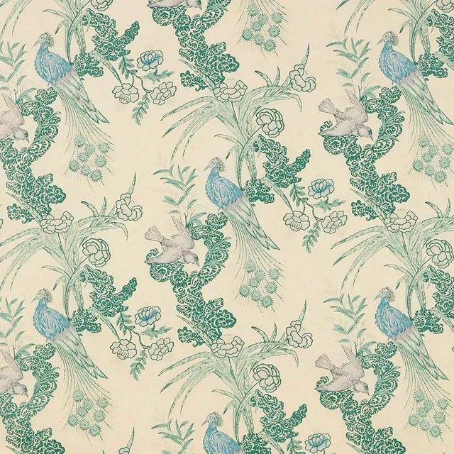 Schumacher Peacock Fabric in Cream For Sale