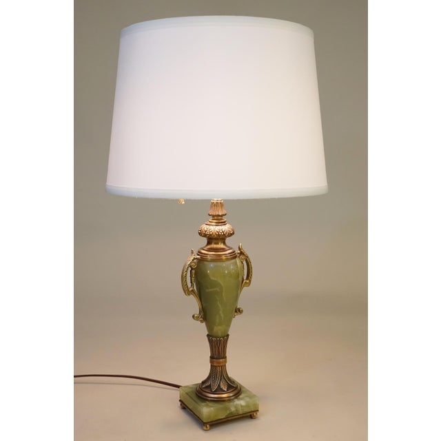 Mutual Sunset Lamp Co. French Empire Deco Neoclassical Green Onyx Marble Bronze Brass Table Lamps 1930's For Sale - Image 11 of 13
