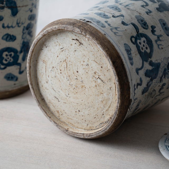 Pair of Chinese Blue and White Glazed Jars With Foo Dog Lid Finials For Sale - Image 9 of 14