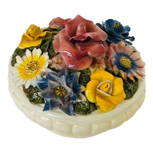Vintage Capodimonte Made in Italy Barbotine Applied Flowers Covered Bowl
