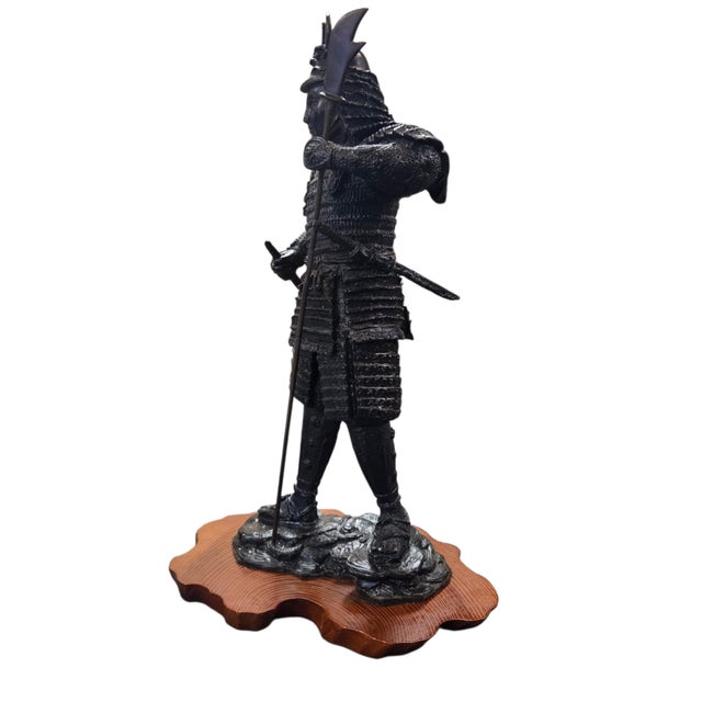 Japanese Samurai Bronze Tone Warrior Sculpture on Custom Wood Base 18" For Sale In San Francisco - Image 6 of 15