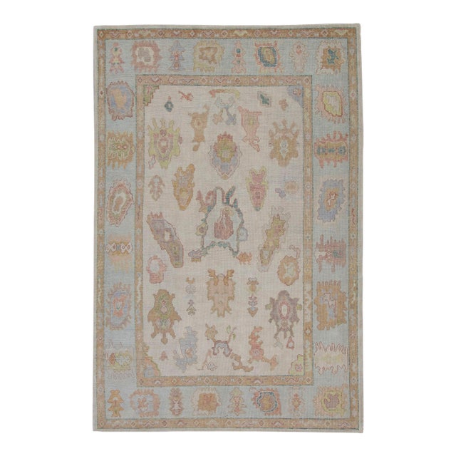 Turkish Oushak Rug Green, Pink, Blue Handwoven Wool Rug 6' X 9'3" For Sale
