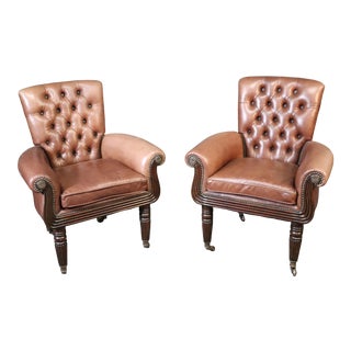 Mocha Brown Leather Maitland Smith Georgian Mahogany Club Chairs - a Pair For Sale