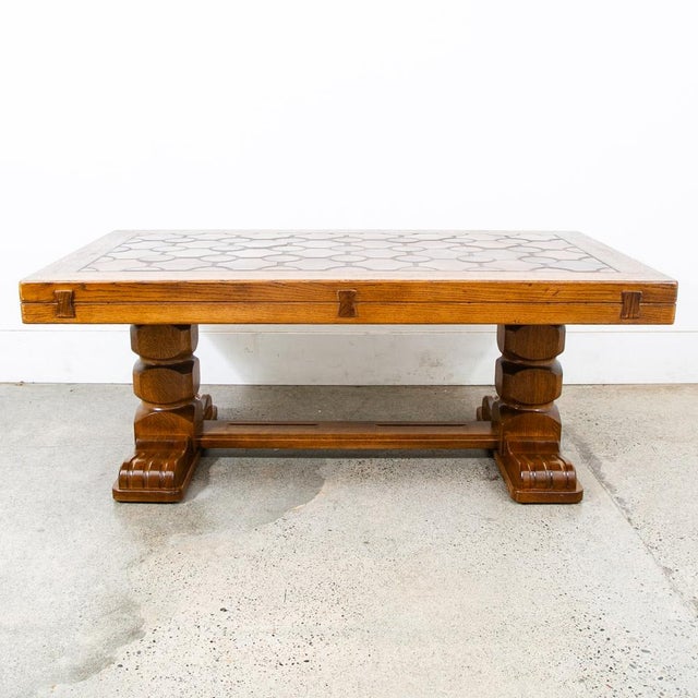 Mid Century Modern Coffee Table Oak Tile Large Brutalist Rolling Rustic For Sale In Sacramento - Image 6 of 11