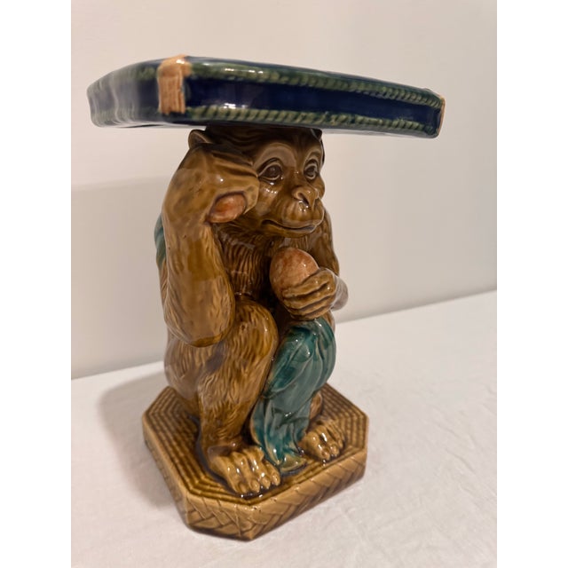 Vintage Majolica Monkey Figural Pedestal Stand For Sale - Image 4 of 10