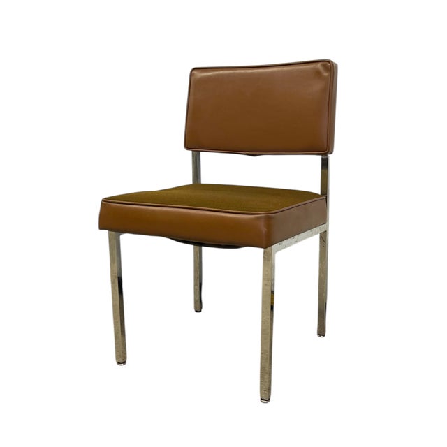 Vintage Industrial Steel Toned Dining Chair - Brown Seat & Brown Vinyl Like Back For Sale - Image 4 of 9