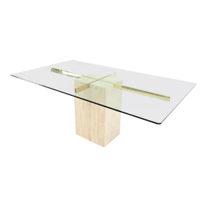 Italian Single Travertine Pedestal Glass Top Dining Conference Table