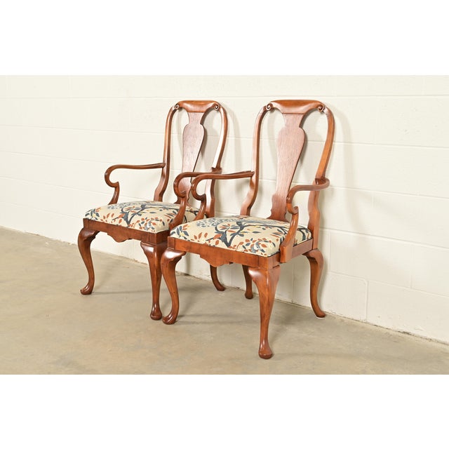 Queen Anne Baker Furniture Queen Anne Carved Walnut Armchairs or Dining Captain Chairs, Pair For Sale - Image 3 of 15