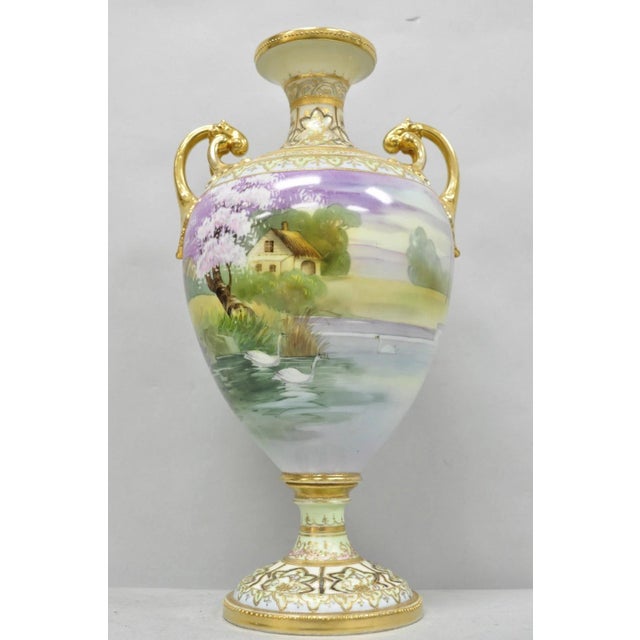 Ceramic Antique Nippon Hand Painted Cottage Lake Porcelain Twin Handle Bolted Urn Vase For Sale - Image 7 of 17