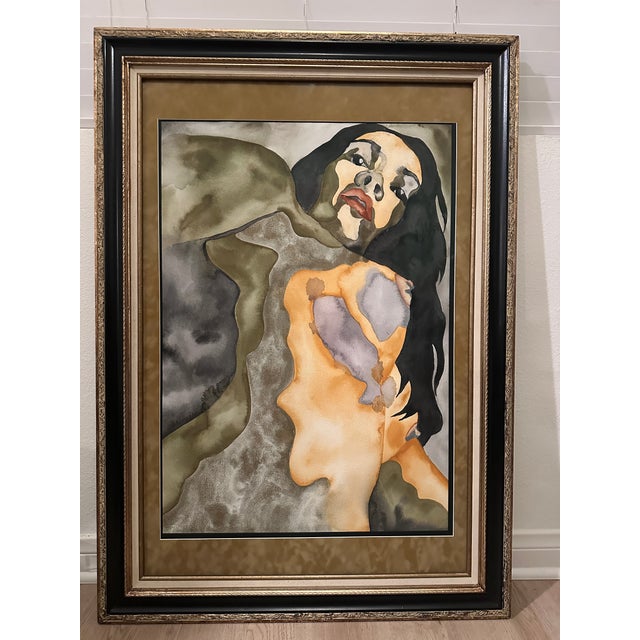 Wood Original Watercolor Painting Framed Art of a Woman’s Face, by Tracey Quin 41x29 For Sale - Image 7 of 7