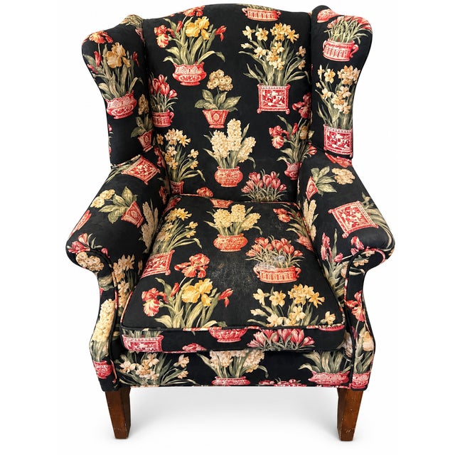 Late 20th Century Black Floral Chinoiserie Wingback Armchairs — A Pair For Sale - Image 11 of 16
