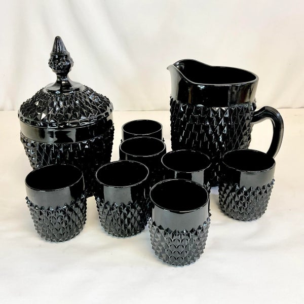 1940s Vintage Art Deco Indiana Glass Black Diamond Point Tiara Bar Set - 9  Pieces | Chairish