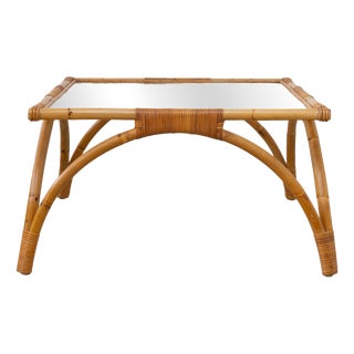 Danish Modern Square Rattan and Glass Coffee Table, 1960s For Sale