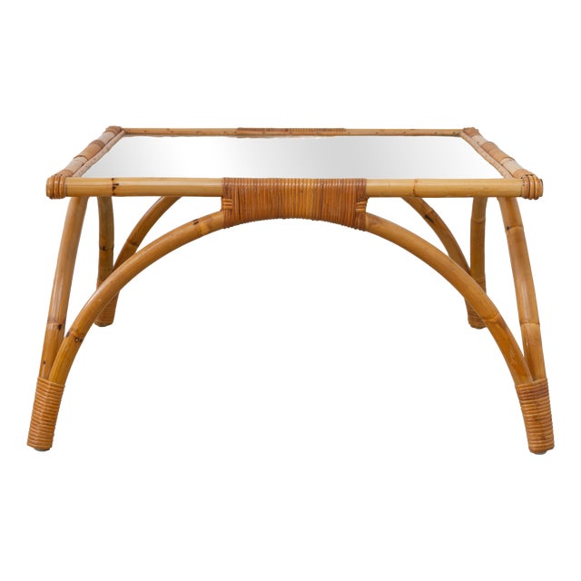 Danish Modern Square Rattan and Glass Coffee Table, 1960s For Sale