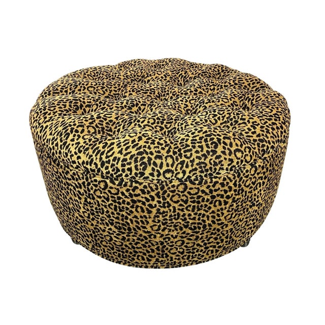 Textile Round Ottoman 33-In Dia, Newly Upholstered in Designer Leopard Print Chenille For Sale - Image 7 of 7