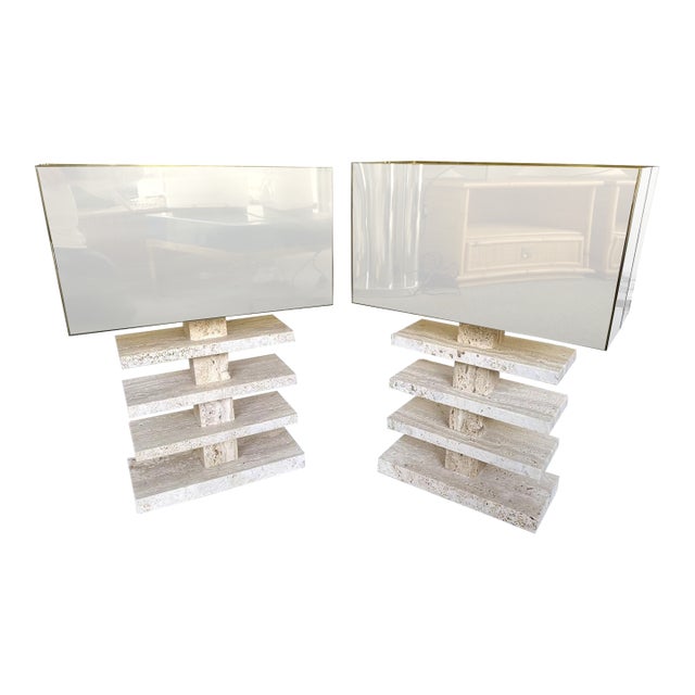Contemporary Pair of Travertine Blade Lamps and Brass Shades. Italy For Sale