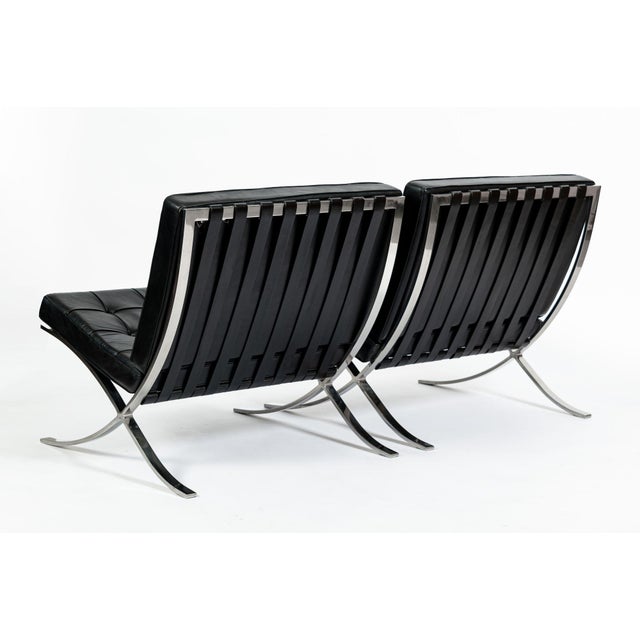 Pair Mid Century Black Leather Barcelona Chairs by Mies Van Der Rohe for Knoll, 1977 For Sale In Detroit - Image 6 of 17