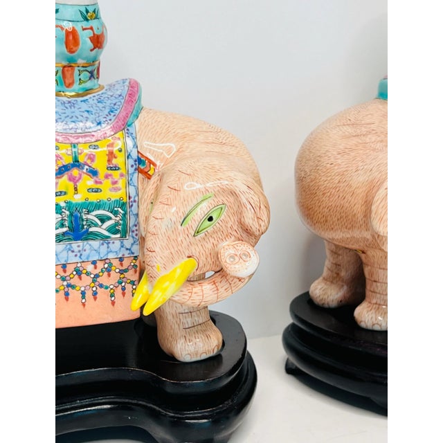 Ceramic Mottahedeh Famille Rose Enameled Elephant Candle Holders on Plinth a Pair For Sale - Image 7 of 12