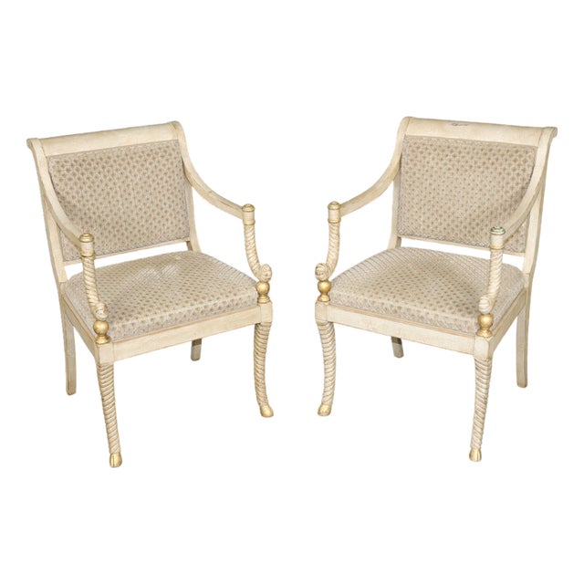 Pair Hollywood Regency Style Painted and Gilt Armchairs by William Switzer For Sale