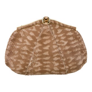 90s Judith Leiber Pouch Snakeskin Tan Beige Clutch Shoulder Bag Tiger Eye Gemstone Vintage For Sale