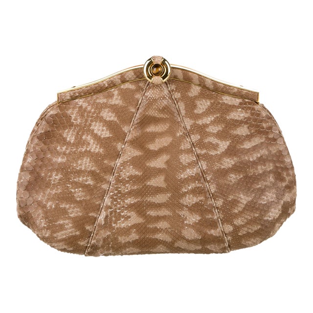 90s Judith Leiber Pouch Snakeskin Tan Beige Clutch Shoulder Bag Tiger Eye Gemstone Vintage For Sale