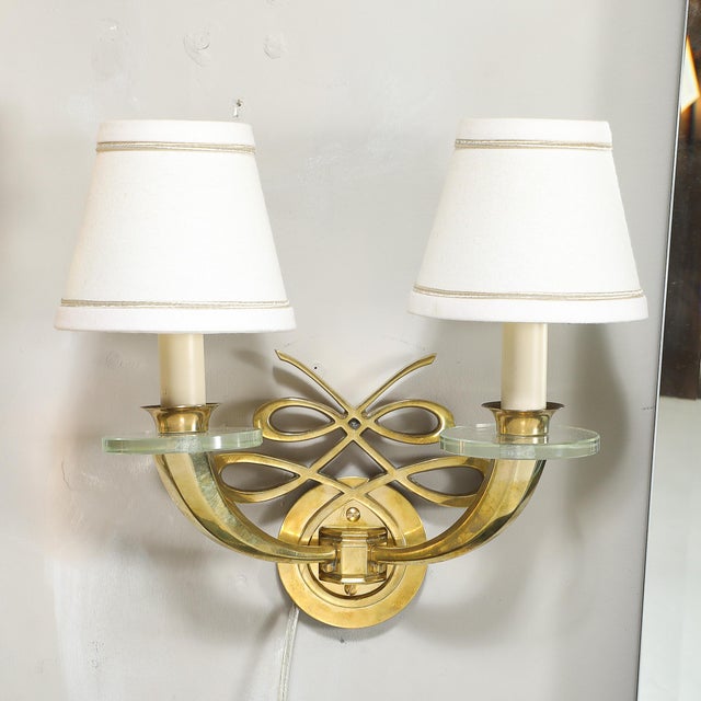 Metal Pair of Art Deco Jules Leleu Polished Brass & Glass Ribbon Sconces For Sale - Image 7 of 12
