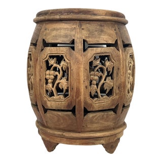 Old Rustic Chinese Elm Wood Drum or Garden Stool With Vine & Floral Carved Panels For Sale