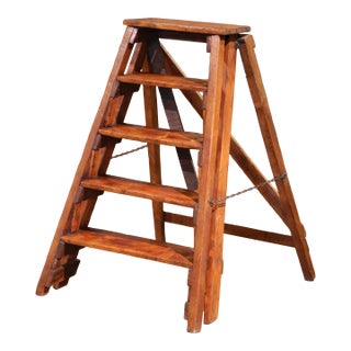 Late 19th Century French Poplar and Pine Five-Step Folding Ladder With Chain Supports For Sale