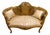 French Louis XV Gold Leaf Settee – Cream Beige Damask Upholstery With Two Accent Cushions For Sale
