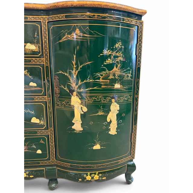 Vintage Chinese Green Lacquered Serpentine Credenza / Sideboard With Soapstone Inlay For Sale - Image 4 of 12
