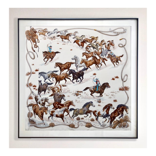 1990s Framed Hermès Silk Scarf "Les Mustangs" by Robert Dallet - Midnight Black Frame For Sale