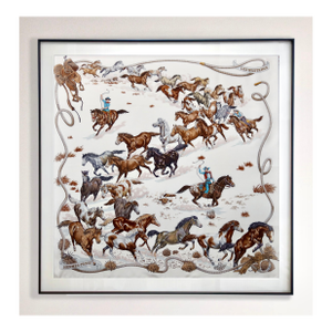 1990s Framed Hermès Silk Scarf "Les Mustangs" by Robert Dallet - Midnight Black Frame