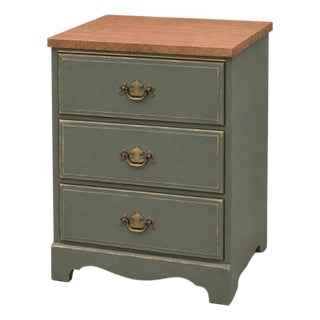 Vintage English Country Sagewood Three-Drawer Nightstand With Gilt Detailing For Sale