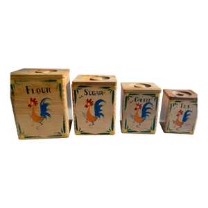 MCM Flour, Sugar, Coffee & Tea Painted "Rooster" Stacking Lidded Birch Containers