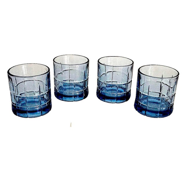 Offered is a set of 4 heavy Anchor Hocking Old Fashioned glasses in their 1960s Tartan pattern in the color Blueberry. The...