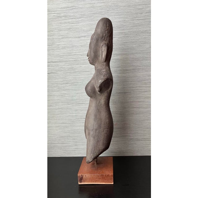 Antique Khmer Sandstone Female Deity Figure on a Wooden Base, 20" T For Sale In Washington DC - Image 6 of 12