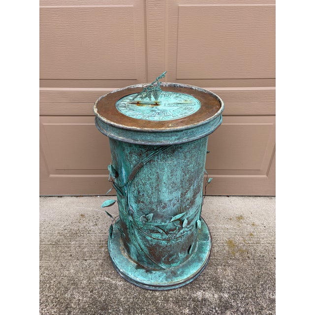 Vintage English Country Classical Verdigris Iron Sundial on Copper Pedestal Base "Grow Old Along With Me" For Sale - Image 10 of 12