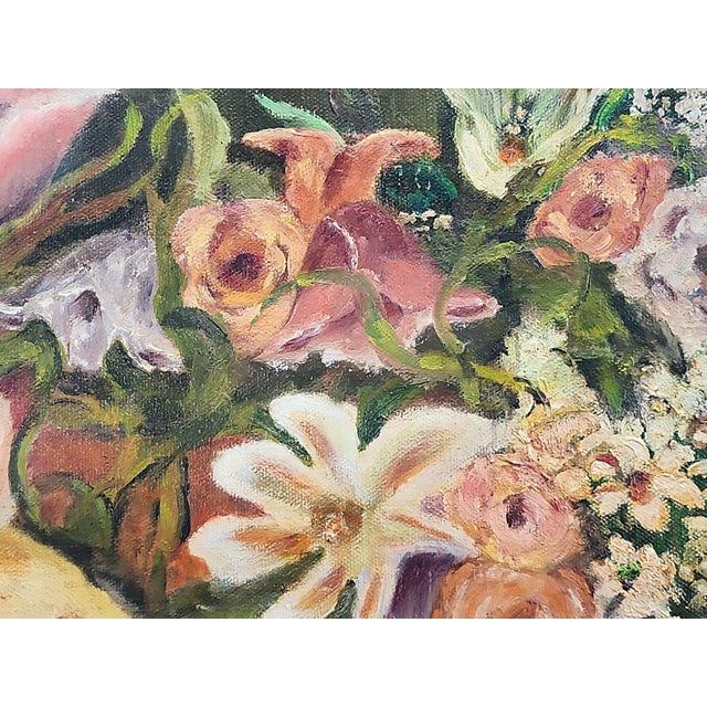 Large 30 x 24 oil on canvas, After Frederic Bazille, Young Woman With Peonies, signed by Artist Lee, unframed and in...