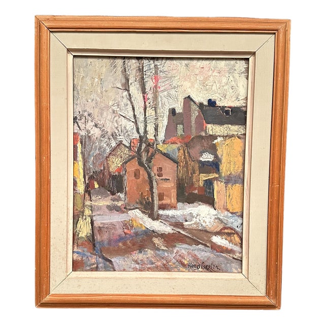 Henry Larsson, Cityscape with Snow, 1950s, Oil on Panel, Framed For Sale