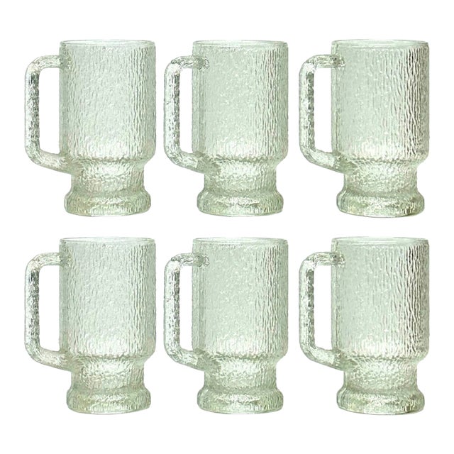 MCM Frosty Textured Glass Beer Mugs by Anchor Hocking Usa - Set of 6 For Sale