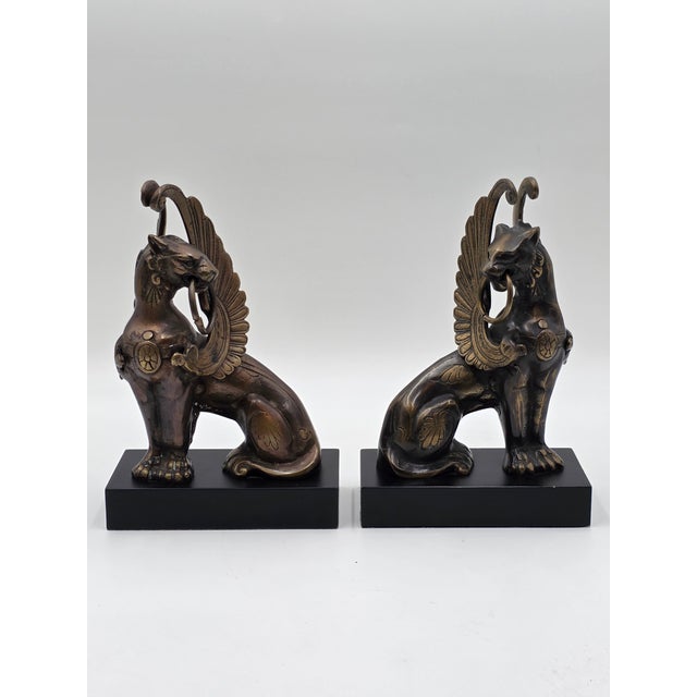 Bronze Rare Pair of Antique Early 20th C Bronze Winged Griffin Bookends on Pedestal. For Sale - Image 8 of 16